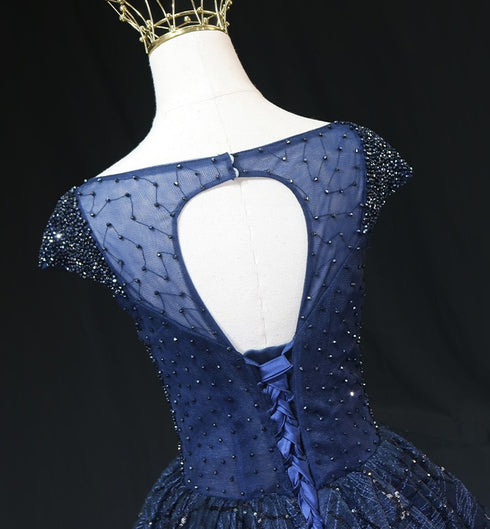 Gothic Royal Blue Tulle Ball Gown Wedding Dress - Cap Sleeve Dress - Royal Blue Prom Dress Plus Size